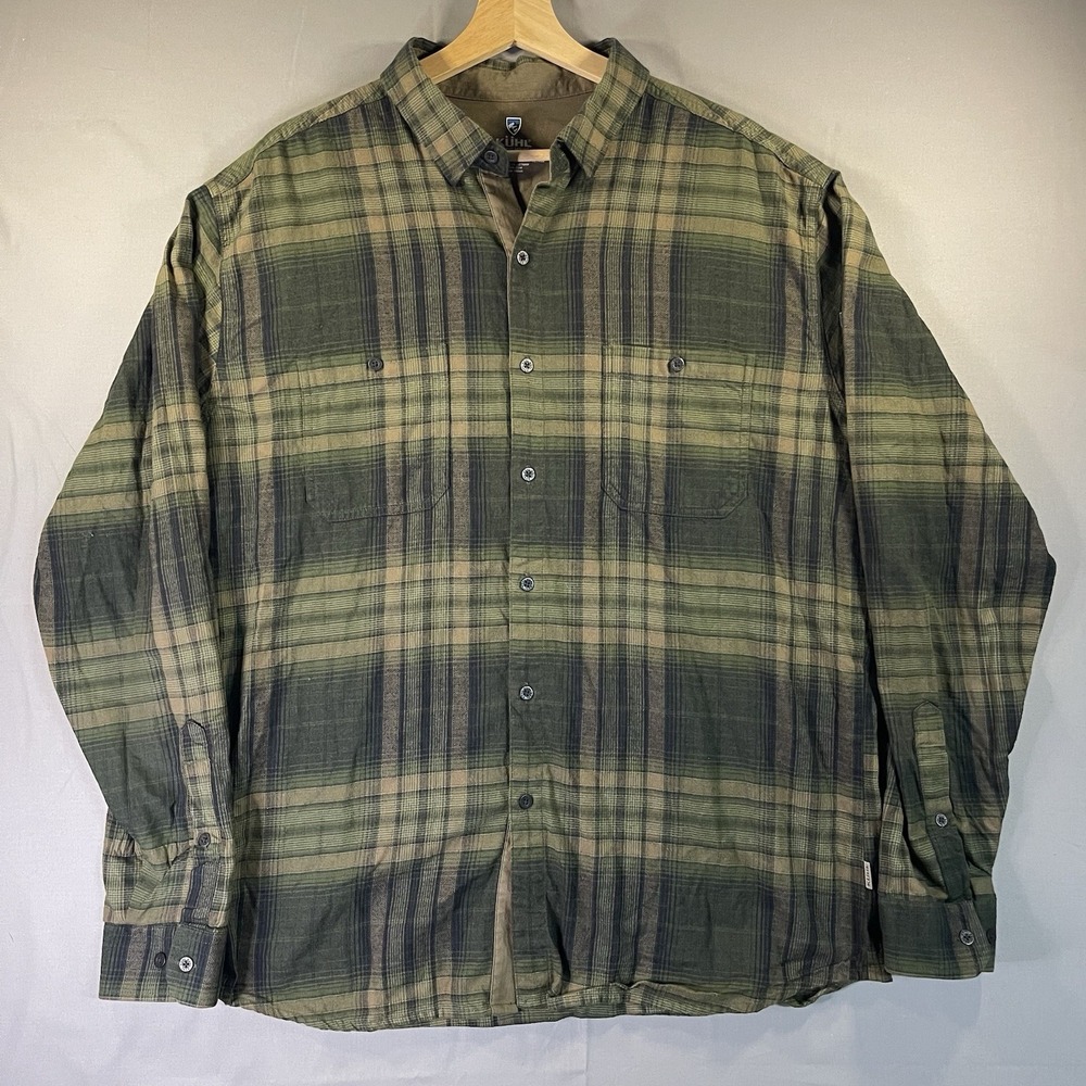 Kuhl Dilingr Flannel Button Up Long Sleeve Shirt Charcoal Green Mens XL Hiking